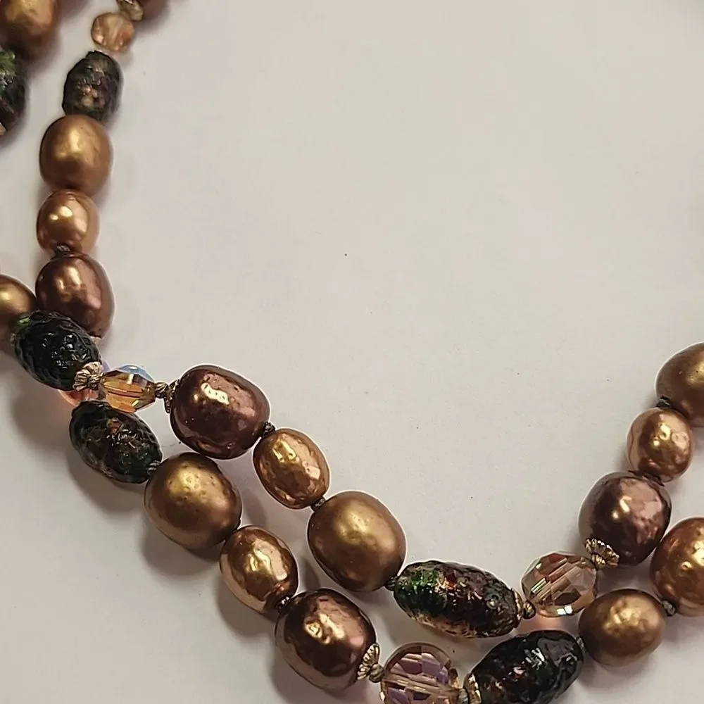 Vintage Gold and Brown Beaded Necklace Cool Glass Beads - Picture 5 of 8